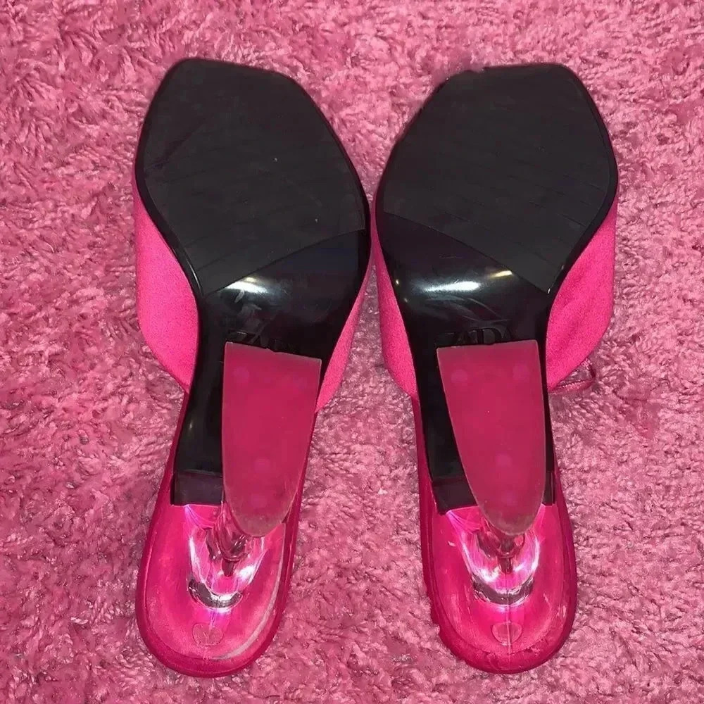 Zara Satin Heeled Methacrylate Mule Sandals Pink Size 8.5 - Picture 6 of 6